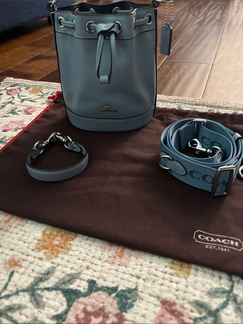 Coach Slate Blue Leather Small Bucket Bag . Detachable straps.